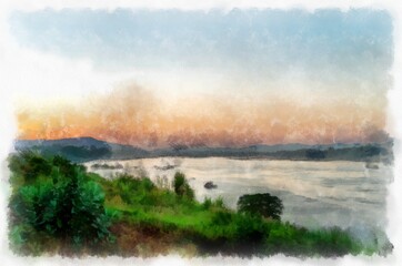 Fototapeta na wymiar Mekong river landscape of Thailand watercolor style illustration impressionist painting.