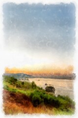 Mekong river landscape of Thailand watercolor style illustration impressionist painting.
