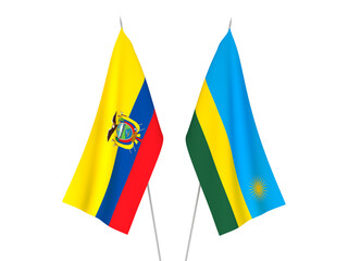 National fabric flags of Ecuador and Republic of Rwanda isolated on white background. 3d rendering illustration.