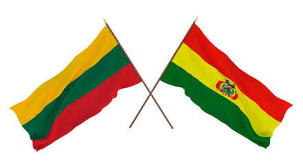 Background, 3D render for designers, illustrators. National Independence Day. Flags Lithuania and Bolivia