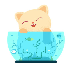 Cat hunting fish in the aquarium. Vector illustration