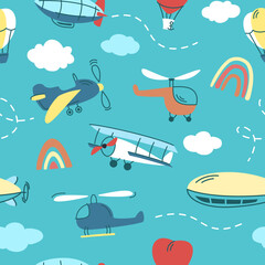 airplane pattern. balloons helicopters clouds and rainbow pictures. Vector cartoon seamless background for kids room decoration