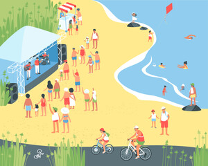 Summer holiday on the seashore. Father and daughter ride bikes on the bike path. In summer, people listen to music on the seashore. Children eat ice cream. Flat vector illustration
