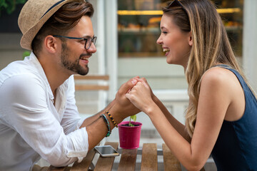 Portrait of happy couple having date and fun on vacation. People travel happiness concept.