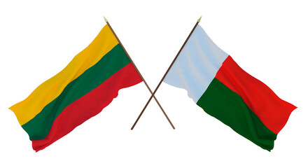 Background, 3D render for designers, illustrators. National Independence Day. Flags Lithuania and Madagascar