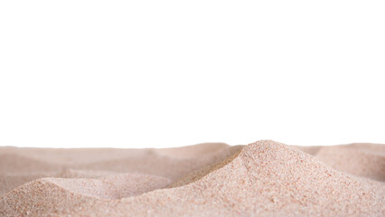 Pile Sand Isolatd on White Background. macro small heap mountain Desert Dry Sandy Beach at Coast of Sea Shore. particle striped texture nature. Tropical Summer Travel Holidays and Environment concept.