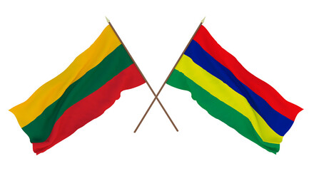 Background, 3D render for designers, illustrators. National Independence Day. Flags Lithuania and Mauritius