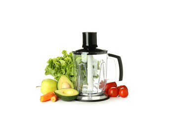 Concept of cooking tasty food with blender, isolated on white background