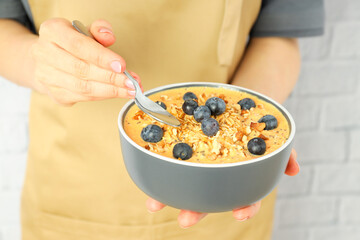 Concept of tasty and healthy food with smoothie