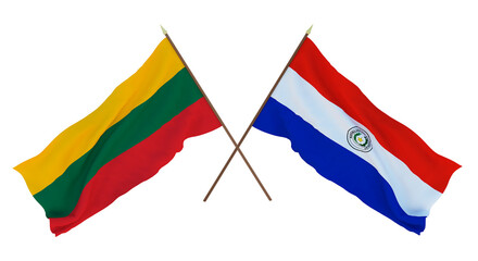 Background, 3D render for designers, illustrators. National Independence Day. Flags Lithuania and Paraguay