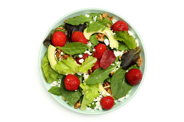 Plate of salad with strawberry isolated on white background