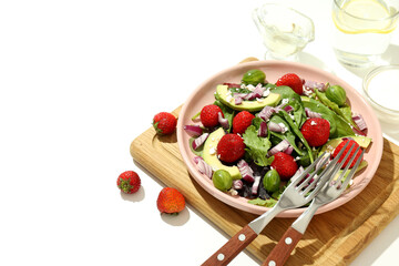 Concept of tasty salad, salad with strawberry, space for text