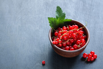 Red currant in a clay bowl, top view.