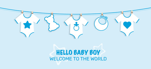 its a boy welcome greeting card for childbirth vector illustration hanging bodysuits