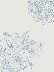 Template for typography, decor design, covers. Stylish hand-drawn illustration with plants and leaves. Background in blue and beige colors. Vintage graphic style.