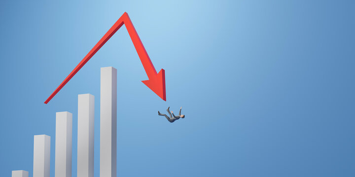 急落するグラフと転落するビジネスマン / 業績悪化・景気後退・リセッション・絶体絶命のコンセプトイメージ / 3Dレンダリング