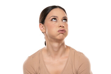 Portrait of young beautiful woman receiving boring talk