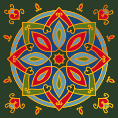 Ethnic gold mandala with folk geometric elements, and hearts on a green background. Oriental vintage ornament. Seamless pattern for the tile