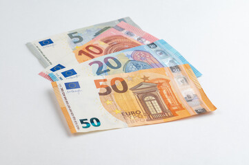5, 10, 20, 50 euro banknotes. Money on white background