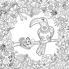 Happy toucan, fantasy flowers and tropical leaves intricate coloring page. Black and white vector doodle drawing