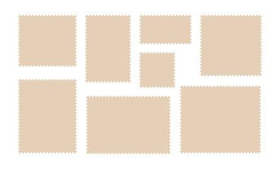 Postage stamp frames set. Empty border template for postcards and letters. Blank rectangle and square vintage postage stamps with perforated edge. Vector illustration isolated on white background.