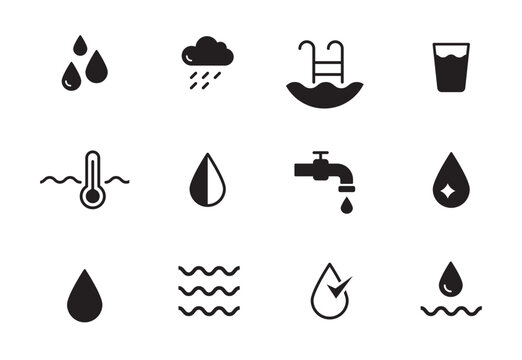 Water drop pictogram icon set. Eco, recycle water, sea care icon. Solid black shape symbol. Vector illustration.