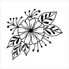 Hand drawn flower bouquet arrangement in black and white color doodle or sketch style
