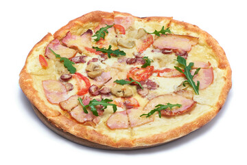 traditional italian pizza with bacon ham isolated on a white background