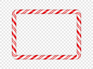 Christmas candy cane rectangle frame with red stripe. Xmas border with striped candy lollipop pattern. Blank christmas and new year template. Vector illustration isolated on transparent background.