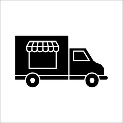 Street food truck icon. Mobile cafe car illustration on white background. Festival shop transport to cook and sell meals