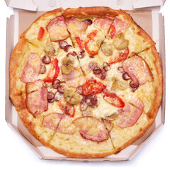 Pizza in a cardboard box isolated on white background