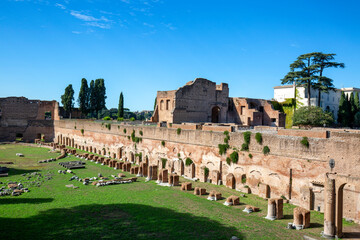Palatine Hill, view of the ruins of several important ancient  buildings, Hippodrome of Domitian,...