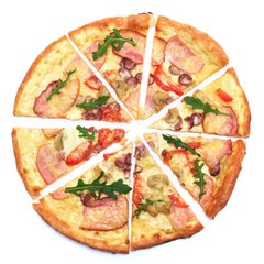 traditional italian pizza with bacon ham isolated on a white background
