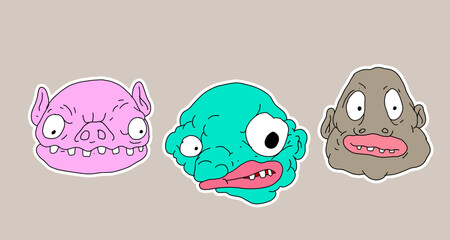 Sticker colorful doodle cartoon vector illustration. head, mask, evil, ghost and monster for logo mascot