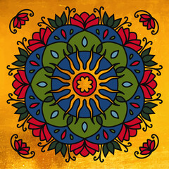 Ethnic mandala with the gold sun, lotus flowers, leaves, folk and geometric elements. Oriental vintage ornament on the gold background. Seamless pattern for the tile