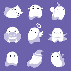 Cute ghosts in halloween costumes set.  Childish spooky boo characters. Magic funny spirits with different emotions and face expressions. Isolated cartoon vector illustrations of comic phantoms