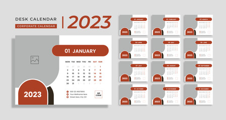 2023 desk calendar template design for modern corporate business, 12 months included