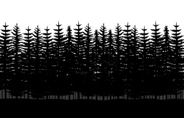 Vector Pine forest and pine tree in silhouette hand drawing style. Ideal for Christmas banner template and coniferous forest scene background.