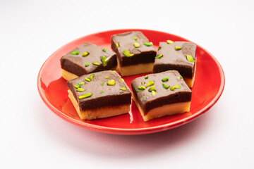 Choco Vanilla Pateesa or chocolate mawa barfi or or two layered burfi, Indian sweet or dessert