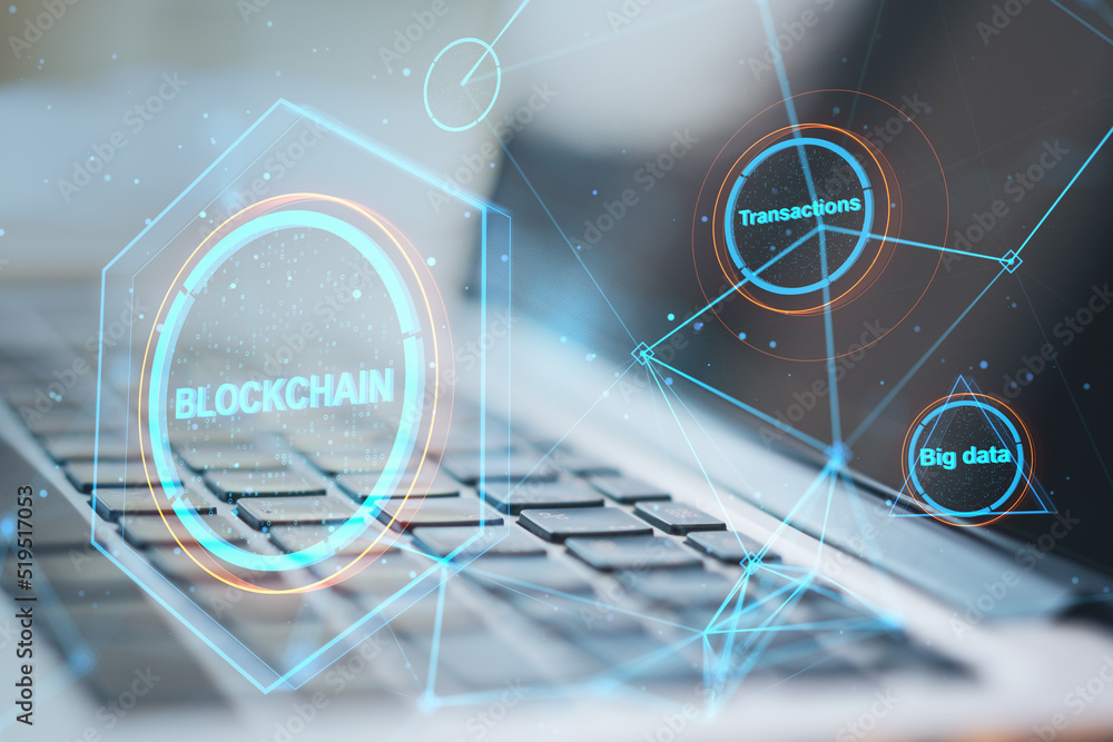 Poster close up of laptop with creative polygonal blockchain hologram on blurry background. technology and 