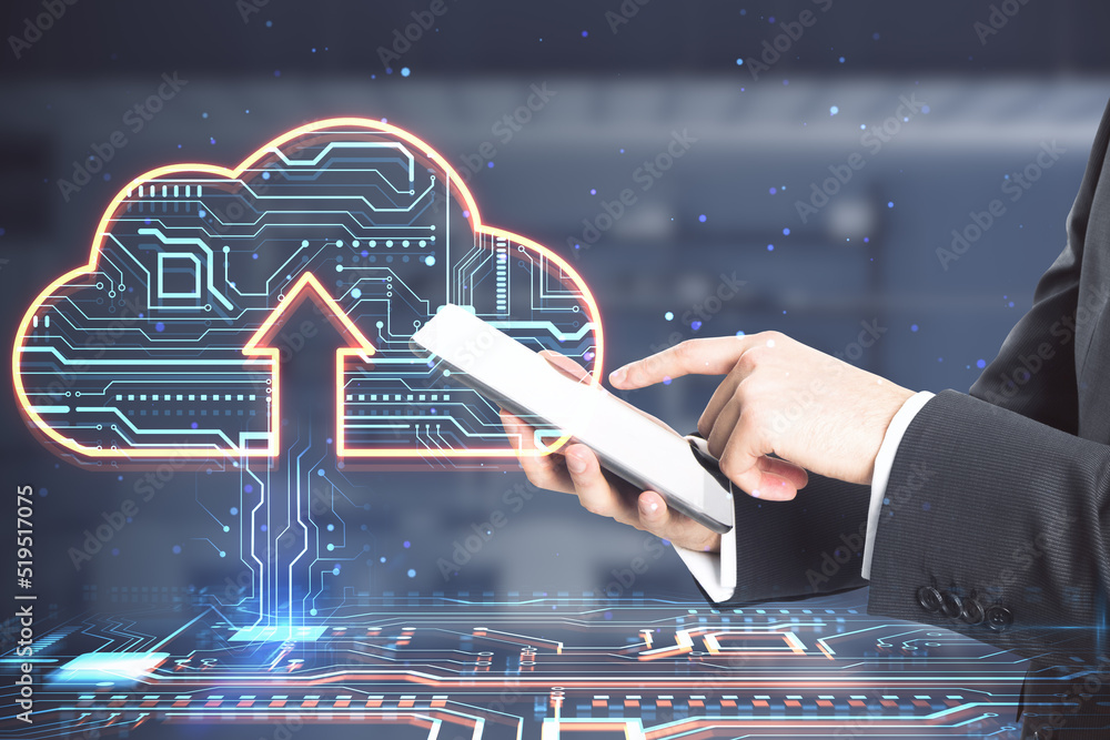 Poster Close up of businessman hands pointing at mobile phone with glowing circuit cloud hologram on blurry office interior background. Cloud computing and database concept.