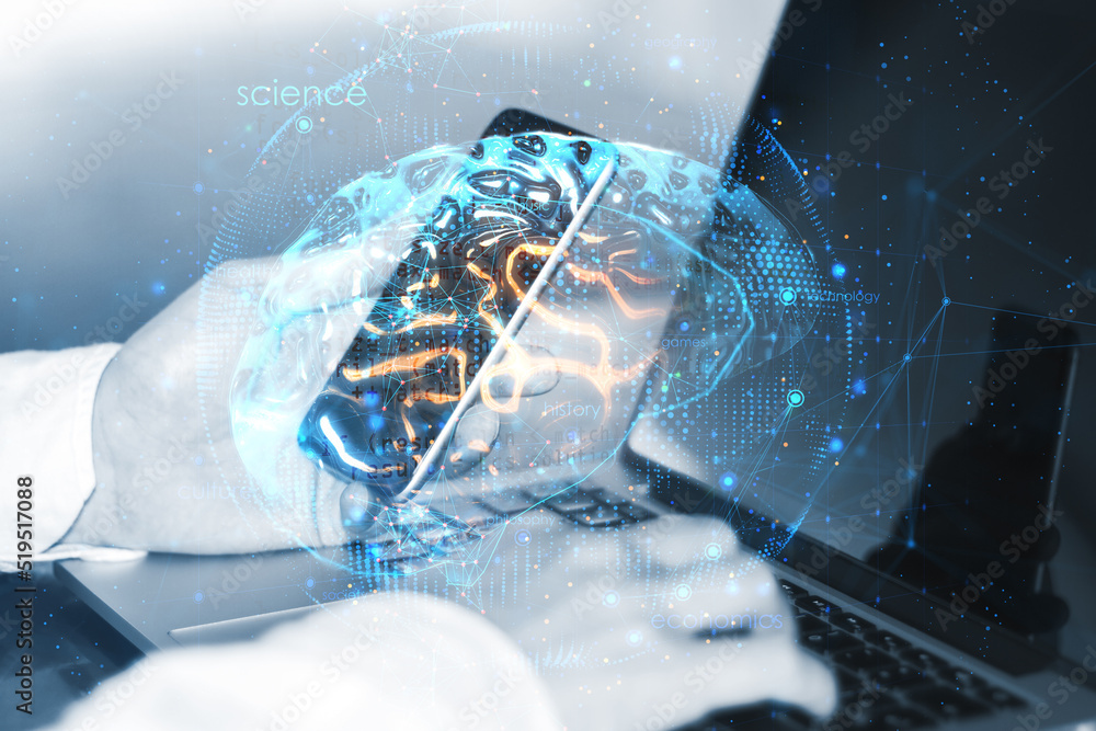Poster close up of businessman hands using laptop and cellphone with creative brain hologram on blurry back