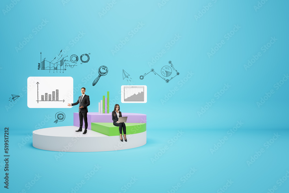 Aufkleber abstract image of businesspeople with creative pie-chart on blue backdrop with mock up place. financ