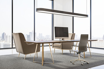 Luxury office interior with panoramic city view, furniture and equipment. Workplace concept. 3D Rendering.