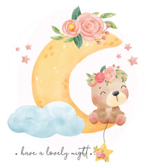 adorable happy smile baby teddy bear sitting on sweet floral crescent and cloud sky, sweet night,nursery animal cartoon hand drawn watercolor vector