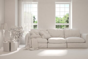 Mock up of stylish room in white color with sofa and green landscape in window. Scandinavian interior design. 3D illustration