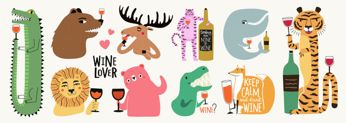 Vector set with drinking animals and bottles wineglasses with red wine. Bundle collection with bears, tigers, lion, moose, whale, dinosaur, fox. Funny sticker pack template, apparel prints - 519518219