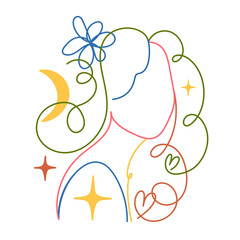 Colored outline vector illustration woman head, stars and flowers. Inspirational nature lover print design, healing meditation, new age concept art, modern female abstract