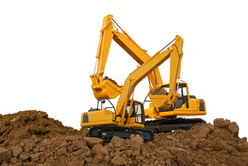 Two Crawler Excavator is digging with lift up in the construction site  on isolated white background.