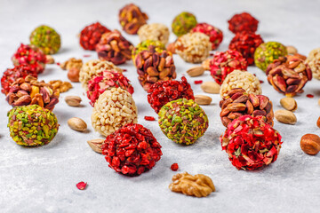 Healthy Organic Energy balls with nuts and dried fruits. Traditional Turkish dessert.